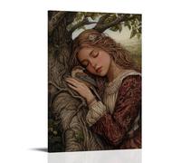 Poster decorativo da appendere con il passero che dorme nel palmo della mano - Mary riposa sotto un albero con la piccola creatura immobile - poster decorativo da appendere (30 x 45 cm)