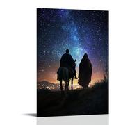 Poster decorativo da appendere con Joseph che guida Maria su un asino sotto un cielo pieno di stelle, luci di Betlemme che brillano in lontananza come una profezia. Poster artistico decorativo da