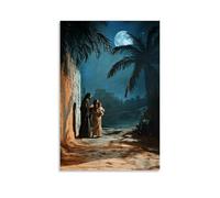 Poster decorativo da appendere con Joseph e Maria che proteggono il bambino Gesù mentre fuggono in Egitto, al chiaro di luna proiettano ombre di palme sul loro cammino. Poster decorativo da appendere