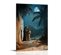 Poster decorativo da appendere con Joseph e Maria che proteggono il bambino Gesù mentre fuggono in Egitto, al chiaro di luna proiettano ombre di palme sul loro cammino. Poster decorativo da appendere