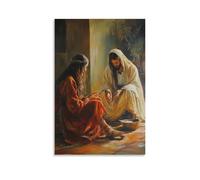 Poster decorativo da appendere con Maria di Betania seduta ai piedi di Gesù mentre Marta serve, entrambe catturate in un sacro momento di amore e apprendimento. Poster decorativo da appendere in stile