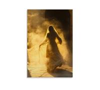 Poster decorativo da appendere con Mary che corre per raccontare ai discepoli della tomba vuota, la sua veste che scorre dietro di lei attraverso la nebbia dorata del mattino. Poster artistico