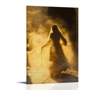 Poster decorativo da appendere con Mary che corre per raccontare ai discepoli della tomba vuota, la sua veste che scorre dietro di lei attraverso la nebbia dorata del mattino. Poster artistico