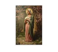 Poster decorativo da appendere con Mary che stringe il sudario piegato di suo figlio, in piedi davanti a una tomba vuota mentre i fiori primaverili sbocciano intorno ai suoi piedi. Poster decorativo