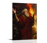 Poster decorativo da appendere con Mosè in piedi nudi davanti al cespuglio ardente, con le mani alzate in soggezione mentre il fuoco divino si riflette nei suoi occhi antichi. Poster decorativo da