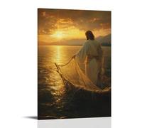 Poster decorativo da appendere con Peter Casting His Net after The Resurrection, The Sunrise Casting Gold on the Water Where Gesù Waits on the Shore. Poster artistico decorativo da appendere, 30 x 45