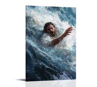 Poster decorativo da appendere con Peter che affonda tra le onde mentre il dubbio lo sorpassa e Gesù raggiunge la tempesta con calma incrollabile. Poster artistico decorativo da appendere in stile