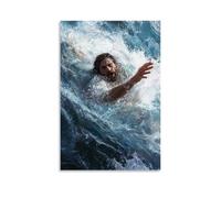 Poster decorativo da appendere con Peter che affonda tra le onde mentre il dubbio lo sorpassa e Gesù raggiunge la tempesta con calma incrollabile. Poster artistico decorativo da appendere in stile