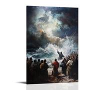 Poster decorativo da appendere in stile contemporaneo, 40 x 60 cm, motivo: Gesù rimproverando la tempesta con una mano alzata, tuono che si ferma nel cielo centrale mentre le onde cadono ancora