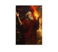 Poster decorativo da appendere in stile contemporaneo, 50 x 75 cm, Mosè in piedi nudi davanti al roveto ardente, con le mani alzate in soggezione mentre il fuoco divino si riflette nei suoi occhi