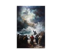 Poster decorativo da appendere in stile contemporaneo, 50 x 75 cm, motivo: Gesù rimproverando la tempesta con una mano alzata, tuono che si ferma nel cielo centrale mentre le onde cadono ancora