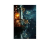 Poster decorativo da appendere in stile contemporaneo, 50 x 75 cm, sul tetto di una città oscurata, un angelo illumina una lanterna e la speranza si diffonde come un fuoco dal balcone al balcone