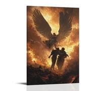 Poster decorativo da appendere in stile contemporaneo, con due angeli sollevano un soldato ferito da un campo di battaglia, le loro ali che lanciano scudi di luce contro il cielo ardente. Poster