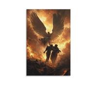 Poster decorativo da appendere in stile contemporaneo, con due angeli sollevano un soldato ferito da un campo di battaglia, le loro ali che lanciano scudi di luce contro il cielo ardente. Poster