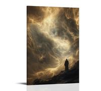 Poster decorativo da appendere in stile contemporaneo, con pergamene di luce che turbinano attraverso un cielo tempestoso, guidati dagli angeli verso una cima della montagna dove un monaco solitario