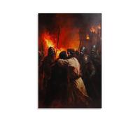 Poster decorativo da appendere in stile contemporaneo, con scritta in inglese "The Moment of Betrayal in the Getsemani, Judas Leaning in with A Kiss As Soldiers Close in And Torches Burn in the Night