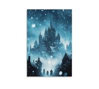 Poster decorativo da appendere in stile contemporaneo, motivo: Il cielo si apre per rivelare un coro di santi che cantano mentre la neve cade dolcemente su una città dolorosa. Poster decorativo da