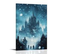 Poster decorativo da appendere in stile contemporaneo, motivo: Il cielo si apre per rivelare un coro di santi che cantano mentre la neve cade dolcemente su una città dolorosa. Poster decorativo da
