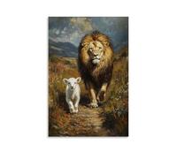 Poster decorativo da appendere in stile contemporaneo, motivo: l'agnello segue il leone - Gesù cammina tra predatore e preda mentre seguono in dolce armonia - poster decorativo da appendere (40 x 60
