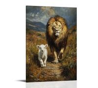 Poster decorativo da appendere in stile contemporaneo, motivo: l'agnello segue il leone - Gesù cammina tra predatore e preda mentre seguono in dolce armonia - Poster decorativo da appendere (20 x 30