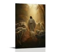 Poster decorativo da appendere in stile contemporaneo, motivo: lupi cominciano a combattere tra loro mentre Gesù cammina con calma, schermando l'agnello nel silenzio divino. Poster artistico