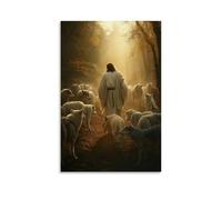 Poster decorativo da appendere in stile contemporaneo, motivo: lupi cominciano a combattere tra loro mentre Gesù cammina con calma, schermando l'agnello nel silenzio divino. Poster artistico
