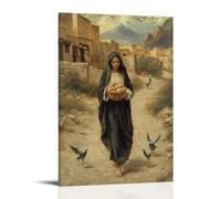 Poster decorativo da appendere in stile contemporaneo, motivo: Mary cammina a piedi nudi attraverso un villaggio nel deserto, portando pane e acqua ai stanchi con angeli che si librano accanto a lei