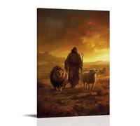 Poster decorativo da appendere in stile contemporaneo, su una pianura spazzata dal vento, Gesù conduce un leone e un agnello fianco a fianco, il cielo che brucia delicatamente sopra la testa. Poster
