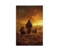 Poster decorativo da appendere in stile contemporaneo, su una pianura spazzata dal vento, Gesù conduce un leone e un agnello fianco a fianco, il cielo che brucia dolcemente sopra la testa