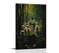 Poster decorativo da appendere in stile moderno, 20 x 30 cm, in The Heart of A Forest Clearing, Gesù conduce un gruppo di agnelli mentre perfora gli occhi dei lupi brillano appena oltre gli alberi