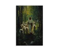 Poster decorativo da appendere in stile moderno, 20 x 30 cm, in The Heart of A Forest Clearing, Gesù conduce un gruppo di agnelli mentre perfora gli occhi dei lupi brillano appena oltre gli alberi