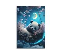 Poster decorativo da parete con panda in fiore che riposa con animali, cestino da appendere, moderno, decorazione artistica da parete, 60 x 90 cm, senza cornice