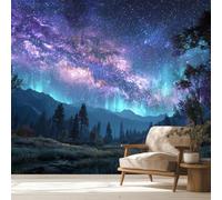 Poster decorativo da parete per interni con motivo Aurora boreale, cielo notturno e foresta, colore viola, 400 cm x 280 cm, in tessuto non tessuto. Poster - Adesivi murali - Quadri senza cornice