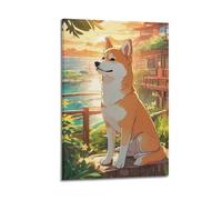 Poster decorativo da parete su tela con animazione Shiba Inu in riva al mare, poster moderno per la camera da letto, 30 x 45 cm