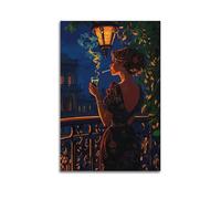Poster decorativo da parete su tela con illustrazione di una donna sulla notte sul balcone, elegante e misterioso, crea un'atmosfera retrò, 60 x 90 cm, senza cornice