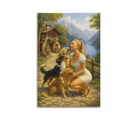 Poster decorativo da parete su tela con immagine di una famiglia moderna, poster con figura di donna, cani affettuosi, decorazione pastorale realistica, 60 x 90 cm, senza cornice