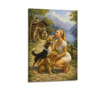 Poster decorativo da parete su tela con immagine di una famiglia moderna, poster con figura di donna e cani affettuosi, decorazione pastorale realistica, 60 x 90 cm, stile cornice