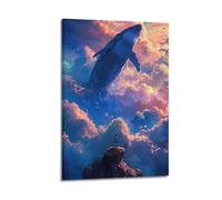 Poster decorativo da parete su tela con immagine di una persona in piedi su una scogliera di fronte a una balena gigante nel cielo, poster decorativo da parete su tela, poster decorativo moderno per