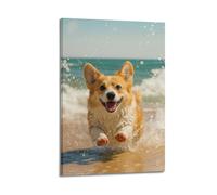 Poster decorativo da parete su tela con motivo famiglia moderna, poster con animali corgi che corrono sulla spiaggia, 50 x 75 cm, con cornice