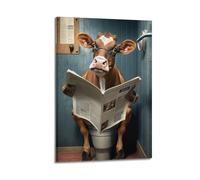 Poster decorativo da parete su tela con mucca in stile cartone animato che legge giornale sul WC, decorazione moderna per la camera da letto, 40 x 60 cm