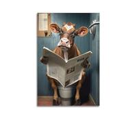 Poster decorativo da parete su tela con mucca in stile cartone animato che legge giornale sul WC, decorazione moderna per la camera da letto, 40 x 60 cm