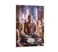 Poster decorativo da parete su tela con stampa moderna di famiglia, statue di Buddha, solenne sacro, crea spazio zen, 50 x 75 cm, con cornice