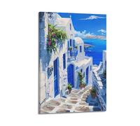 Poster decorativo da parete su tela con vicolo di Santorini in città e viaggio in stile greco, decorazione moderna per camera da letto e per la famiglia (50 x 75 cm)