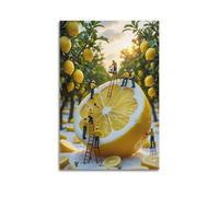 Poster decorativo da parete su tela, motivo famiglia moderna, mini lavoratori sulla diffusione di limoni, divertente atmosfera romanzo, pittura decorativa 40 x 60 cm, senza cornice