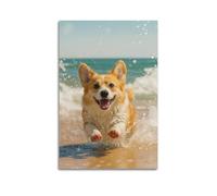 Poster decorativo da parete su tela, motivo: famiglia moderna, motivo: Corgi che corre sulla spiaggia, 40 x 60 cm, senza cornice