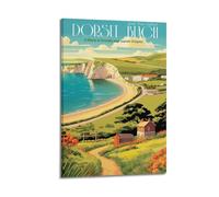 Poster decorativo da parete su tela, motivo: famiglia moderna, poster da viaggio, Dorset Beach South West England, 50 x 75 cm, con cornice