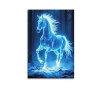 Poster decorativo da parete su tela, motivo famiglia moderna, poster fantasy, cavallo blu incandescente, decorazione da sogno, 40 x 60 cm, senza cornice