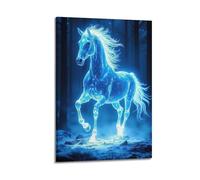 Poster decorativo da parete su tela, motivo famiglia moderna, poster fantasy, cavallo blu incandescente, decorazione da sogno, 60 x 90 cm, stile cornice