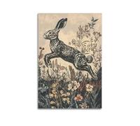 Poster decorativo da parete su tela, motivo: lepre che salta con fiori di campo, decorazione moderna per la casa, 30 x 45 cm