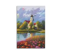 Poster decorativo da parete su tela, stile moderno, motivo: paesaggio con mulino a vento, lago, fiori, 60 x 90 cm, senza cornice